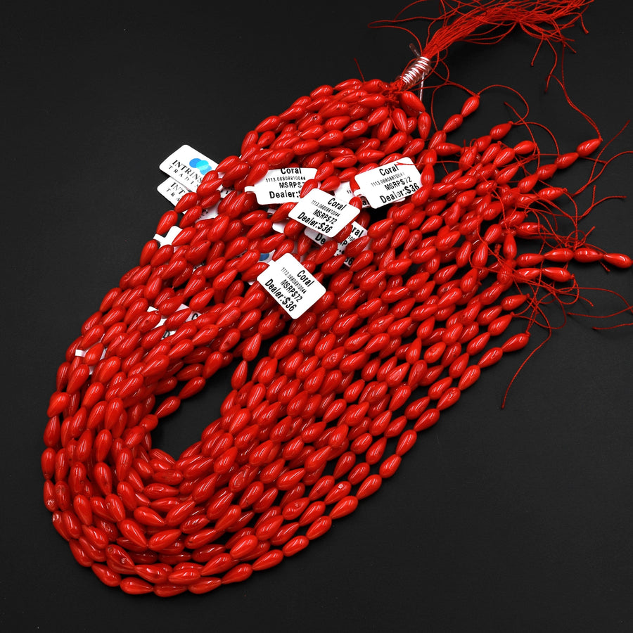 AAA Genuine Red Bamboo Coral Smooth Teardrop Briolette Beads 10mm Vertically Drilled 15.5" Strand