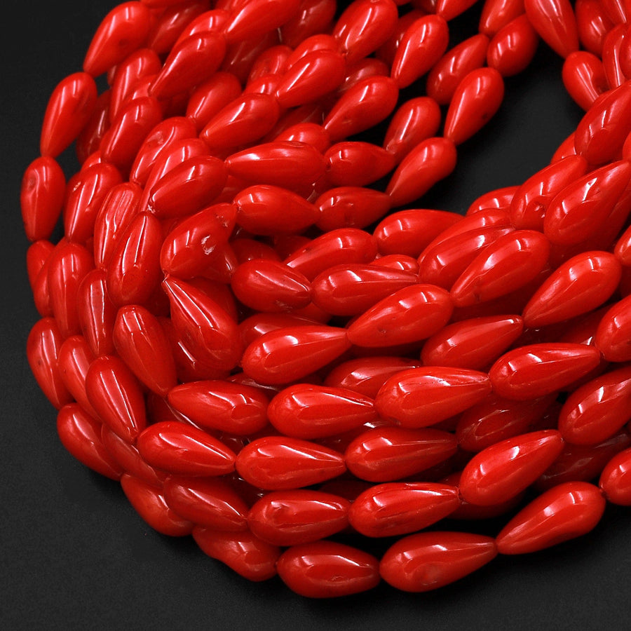 AAA Genuine Red Bamboo Coral Smooth Teardrop Briolette Beads 10mm Vertically Drilled 15.5" Strand