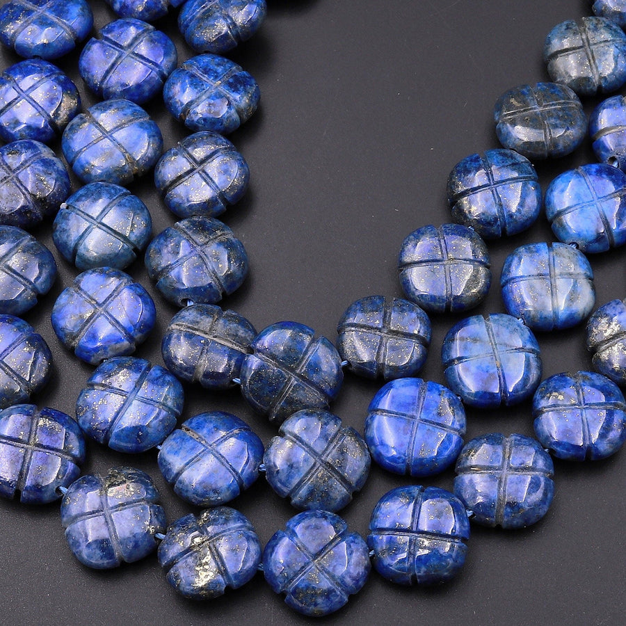 4 Four Leaf Clover Beads 10mm 12mm Natural Blue Lapis Hand Carved Flower Gemstone 15.5" Strand