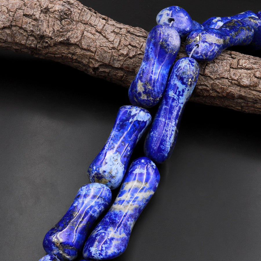 Large Phenomenal Freeform Natural Blue Lapis Flat Slab Pendant Beads Dog Bone Shape 15.5" Strand