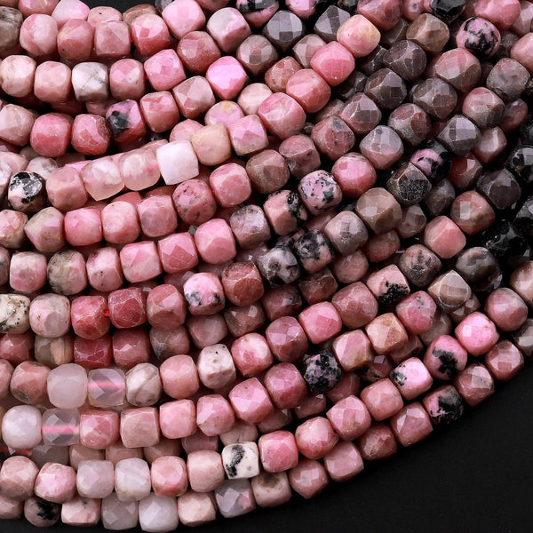 Natural Pink Rhodonite Faceted 4mm Cube Square Dice Beads 15.5" Strand