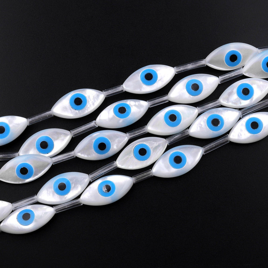 AAA Iridescent Natural White Mother of Pearl Shell Blue Evil Eye Oval Beads 8mm 12mm 14mm 18mm Choose from 5 pcs, 10pcs