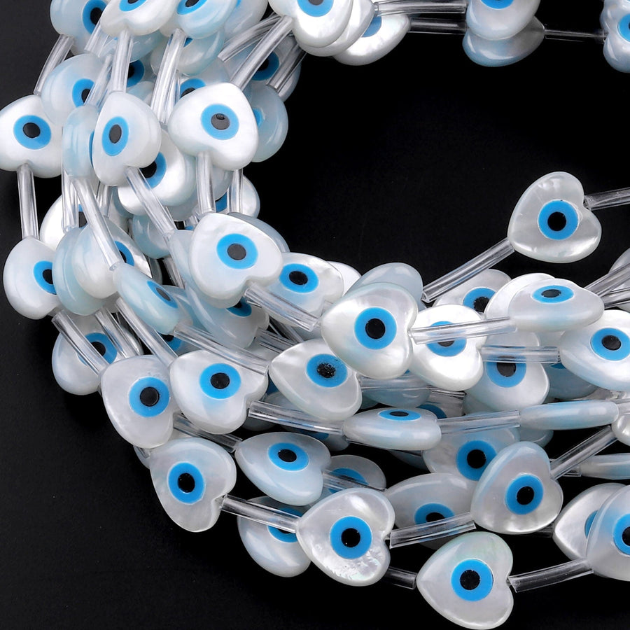 AAA Iridescent Natural White Mother of Pearl Shell Blue Evil Eye Heart Beads 6mm 8mm 10mm Choose from 5 pcs, 10pcs