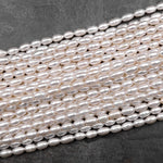 AAA Genuine White Freshwater Long Oval 6mm 8mm 10mm Pearl Shimmery Iridescent Classic White Pearl 15.5" Strand