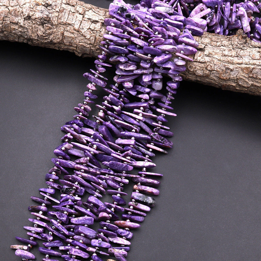Natural Purple Charoite Long Freeform Spike Top Side Drilled Beads 15.5" Strand