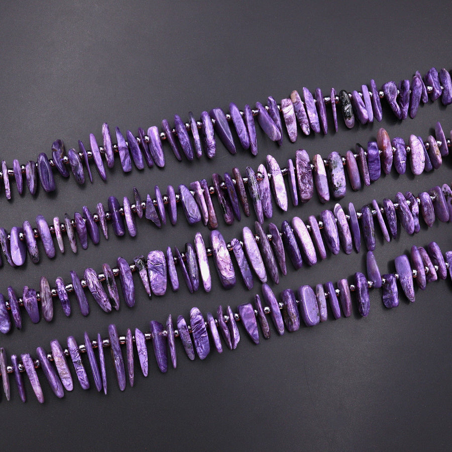 Natural Purple Charoite Long Freeform Spike Top Side Drilled Beads 15.5" Strand