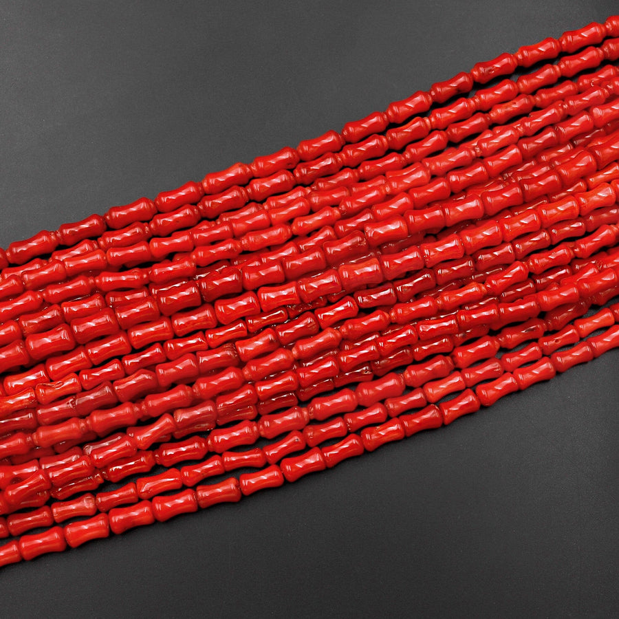 Genuine Red Bamboo Coral Carved Branch Shape Beads 15.5" Strand