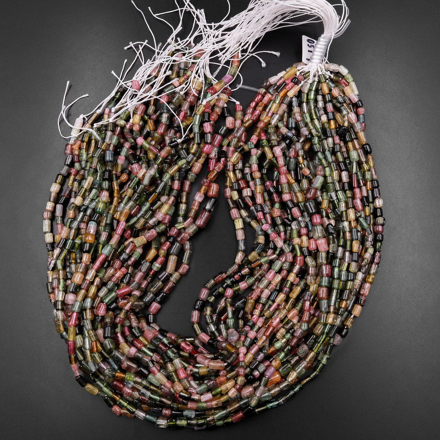 Natural Green Pink Watermelon Tourmaline Freeform Tube Cylinder Beads 15.5" Strand