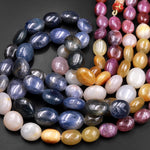 Natural Multicolor Red Pink Yellow Sapphire Smooth Oval Pebble Large Gemstone Beads Necklace Strand