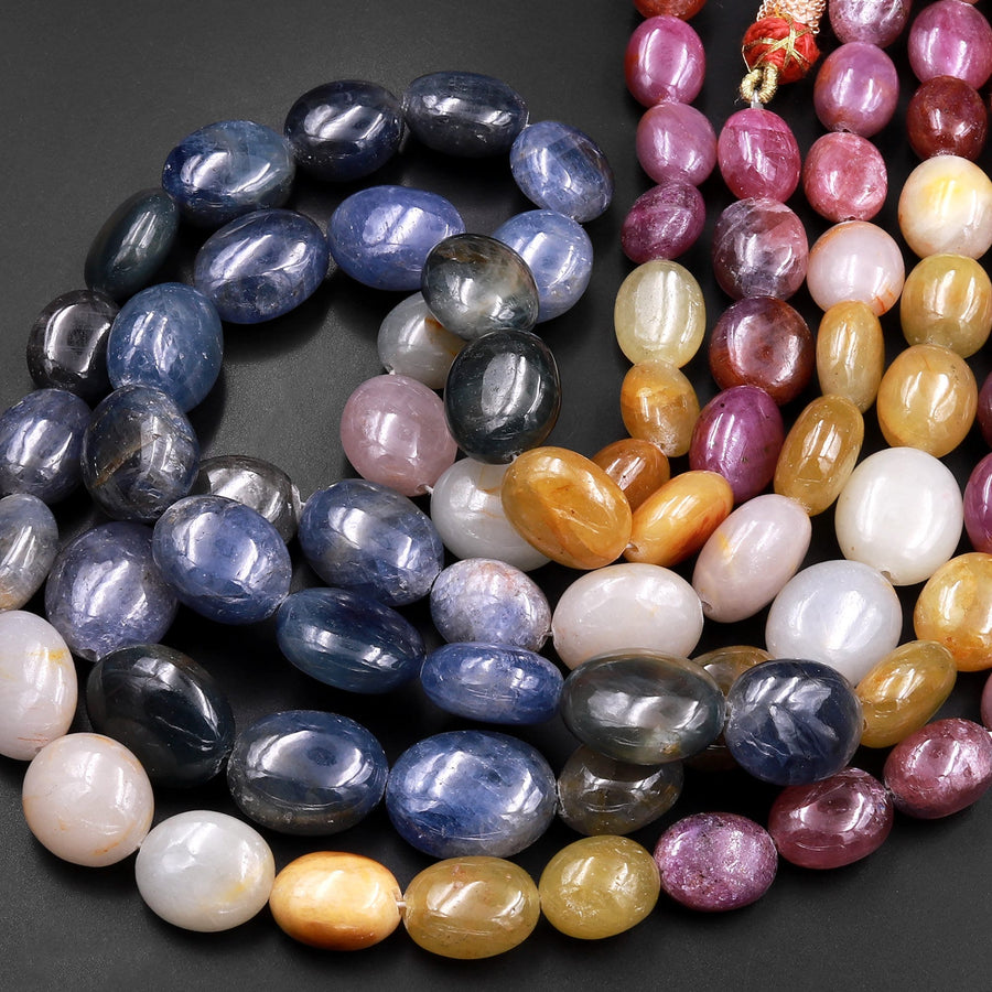 Natural Multicolor Red Pink Yellow Sapphire Smooth Oval Pebble Large Gemstone Beads Necklace Strand