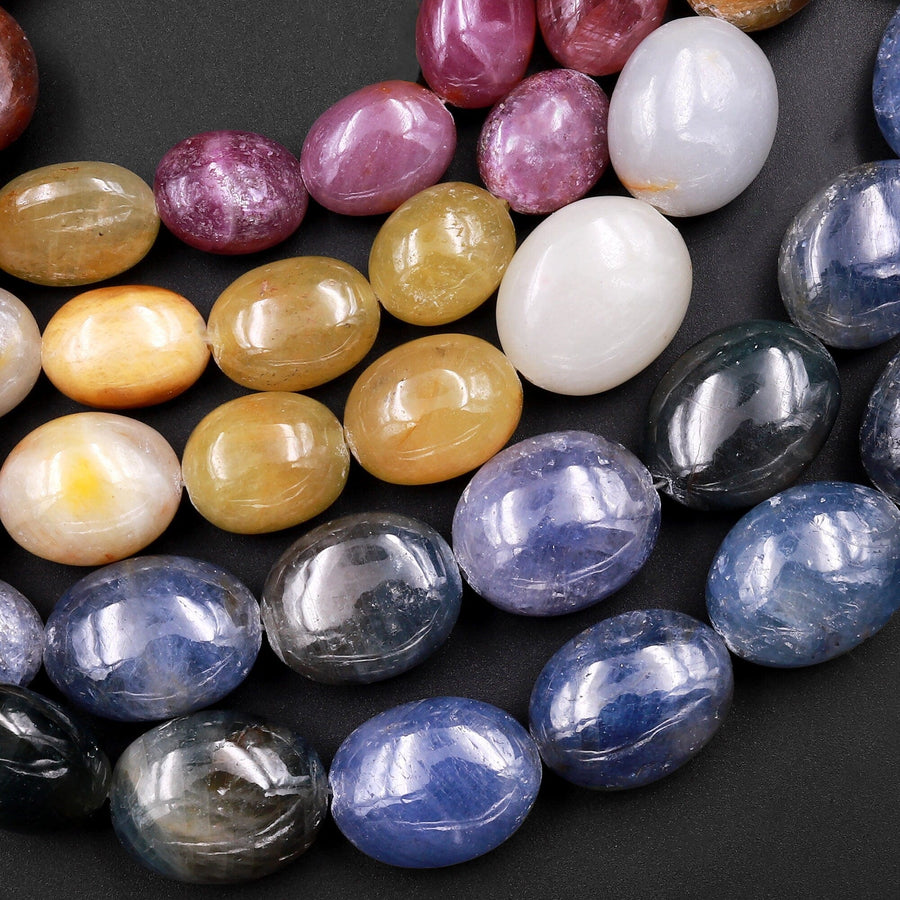 Natural Multicolor Red Pink Yellow Sapphire Smooth Oval Pebble Large Gemstone Beads Necklace Strand