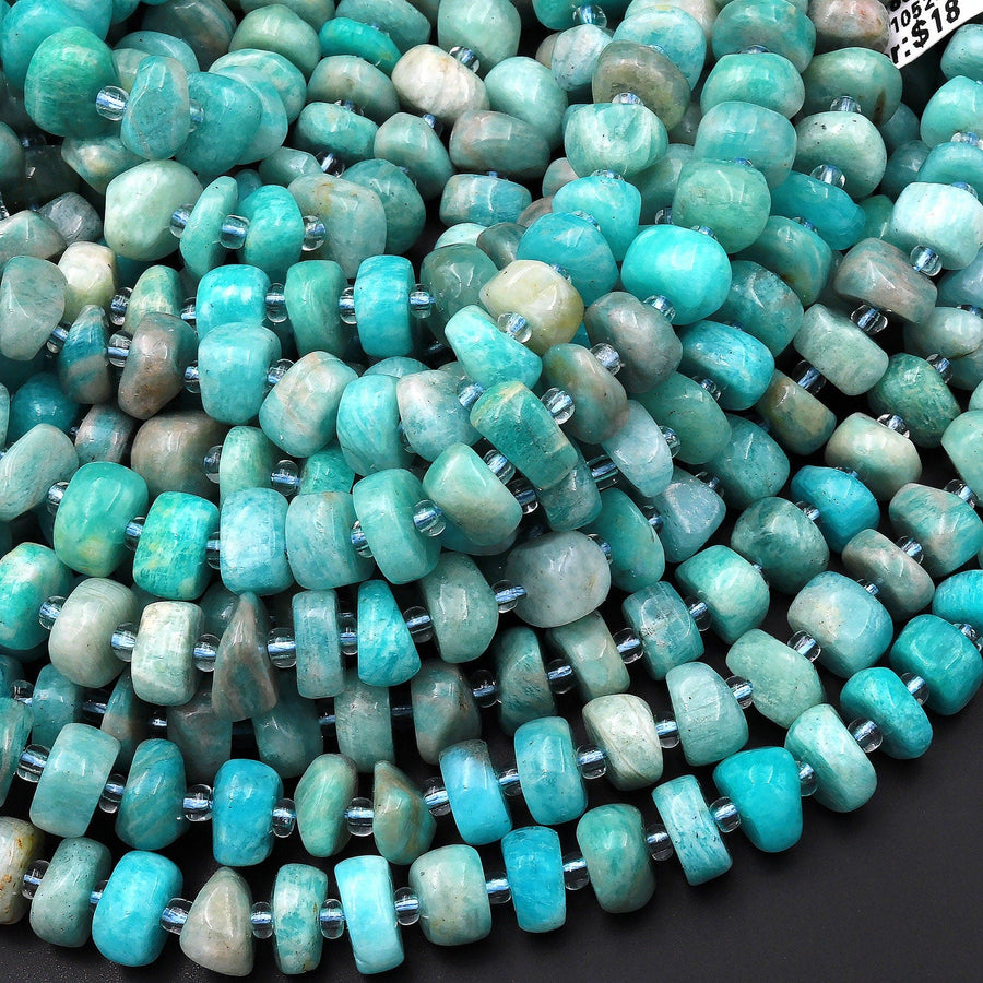 Natural Peruvian Blue Green Amazonite 8mm 10mm Rondelle Freeform Beads 15.5" Strand