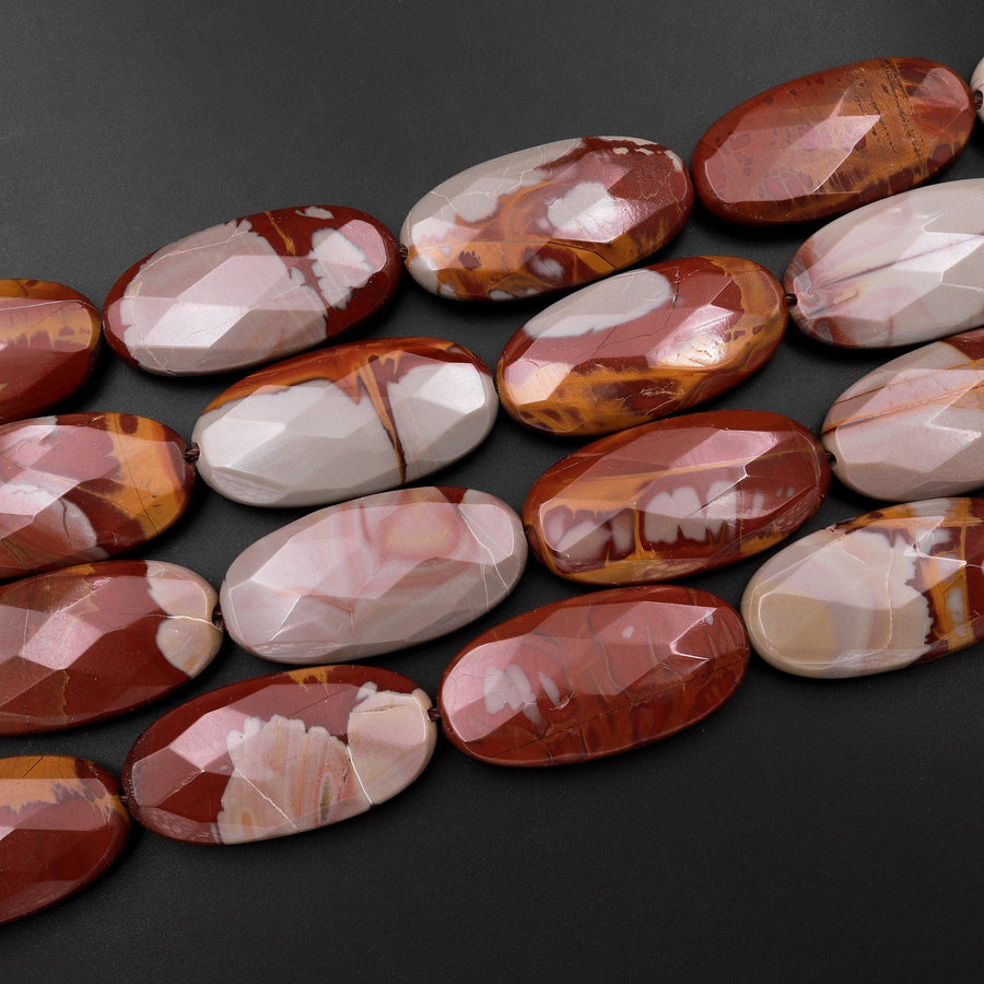 Large Phenomenal Faceted Natural Noreena Jasper Long Oval 40mm Pendant Beads 15.5" Strand