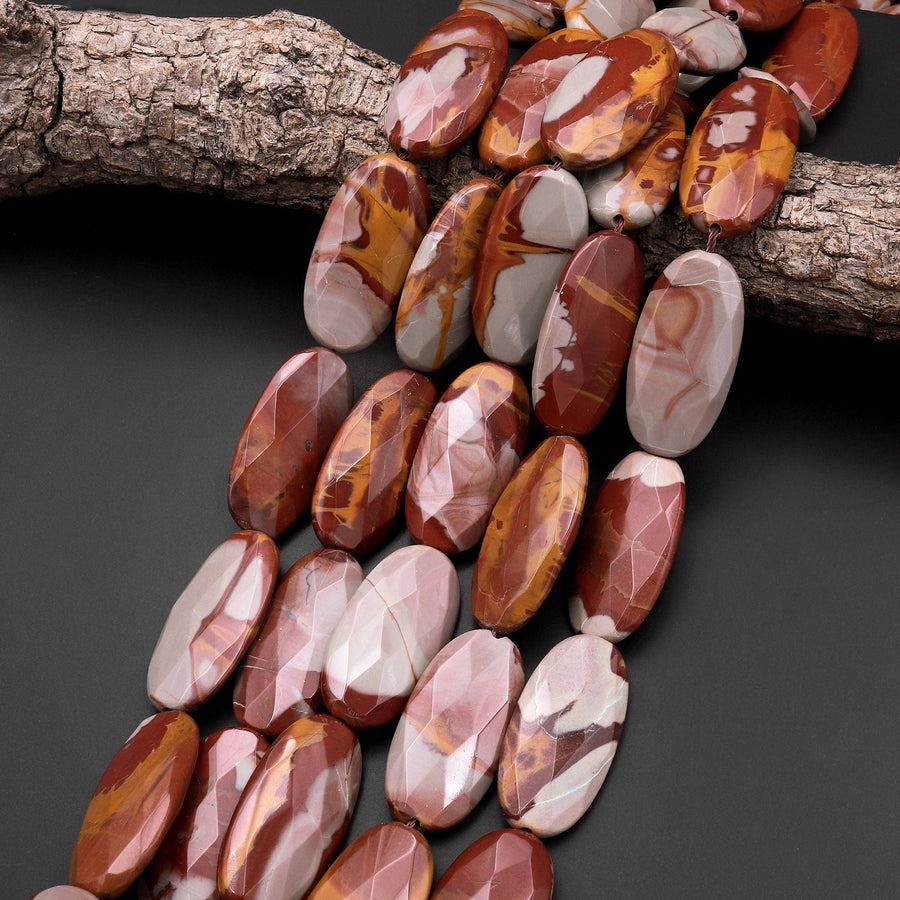 Large Phenomenal Faceted Natural Noreena Jasper Long Oval 40mm Pendant Beads 15.5" Strand