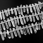 Raw Rough Unpolished Matte Natural Rock Crystal Quartz Beads Thin Point Top Drilled Sticks Spikes Freeform 15.5" Strand