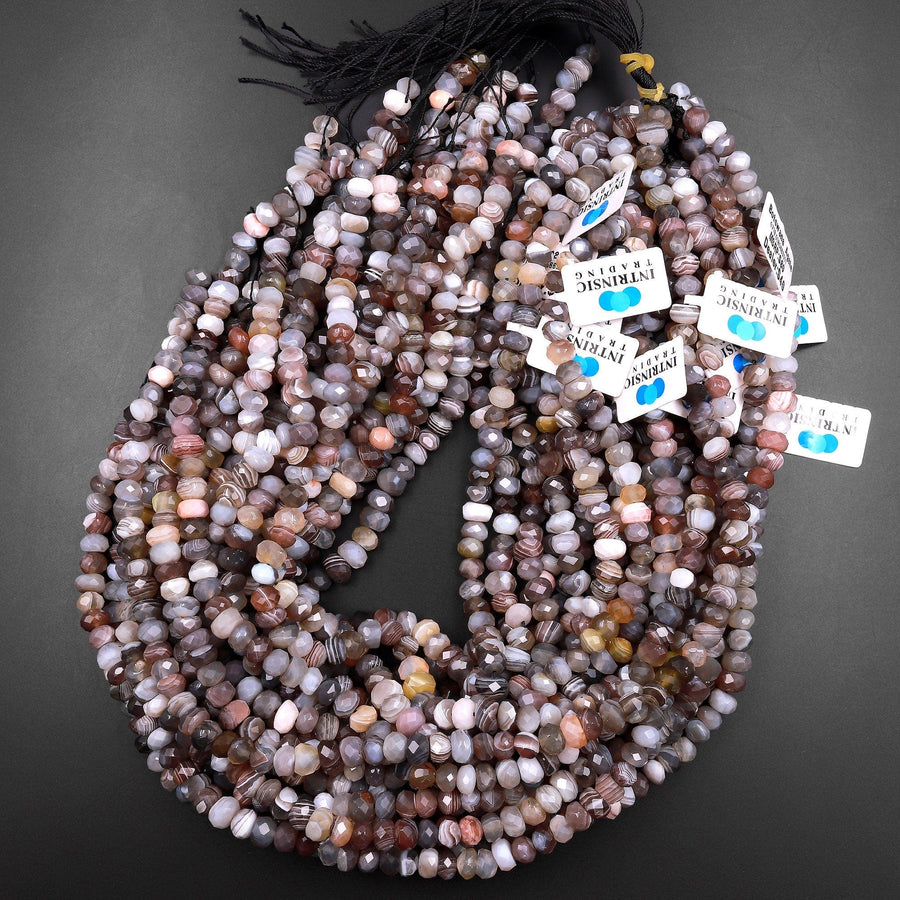 Freeform Faceted Natural Botswana Agate Faceted Rondelle Beads 7mm 8mm 15.5" Strand