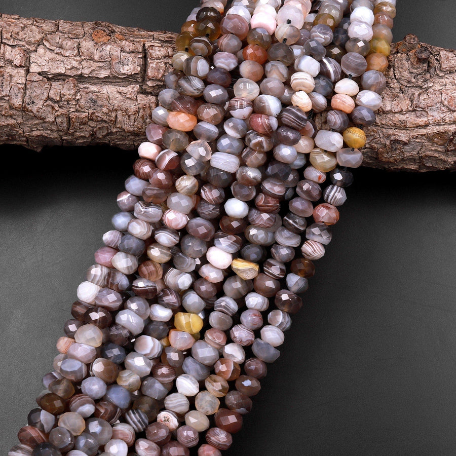 Freeform Faceted Natural Botswana Agate Faceted Rondelle Beads 7mm 8mm 15.5" Strand