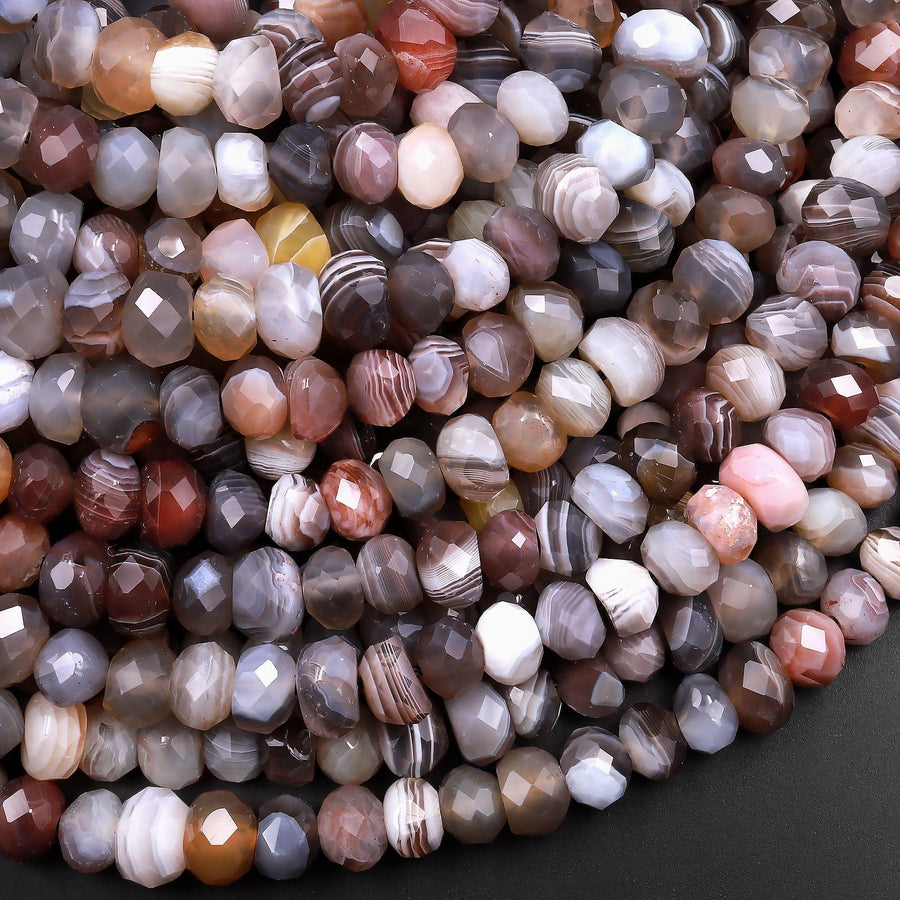 Freeform Faceted Natural Botswana Agate Faceted Rondelle Beads 7mm 8mm 15.5" Strand