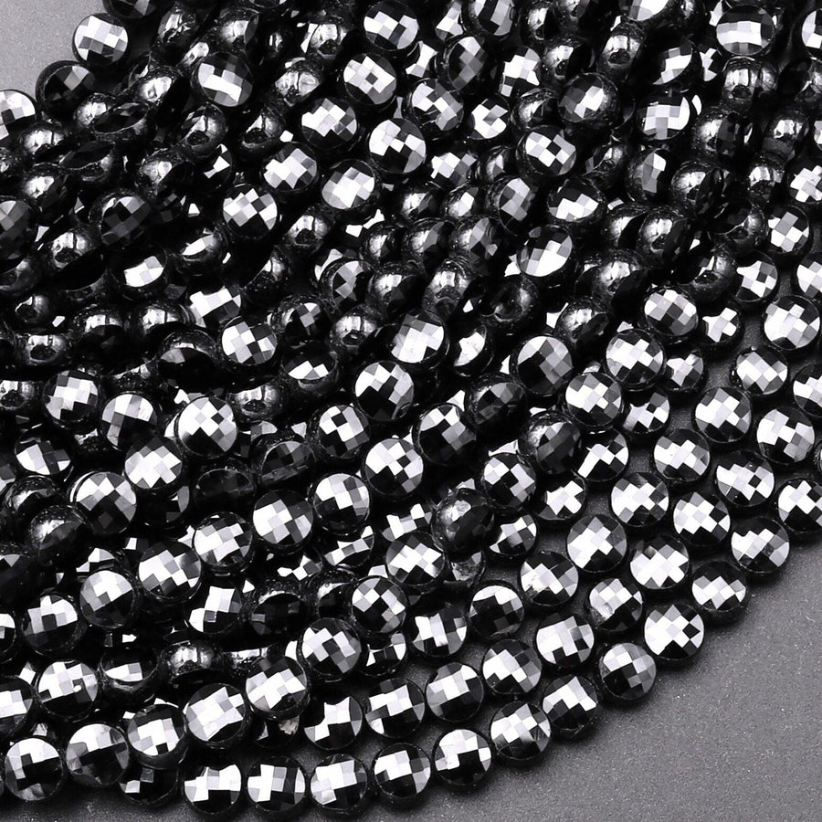 Natural Black Spinel Faceted 4mm 6mm 8mm Coin Beads Micro Faceted Laser Diamond Cut 15.5" Strand
