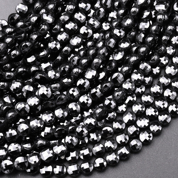 Natural Black Spinel Faceted 4mm 6mm 8mm Coin Beads Micro Faceted Laser Diamond Cut 15.5" Strand