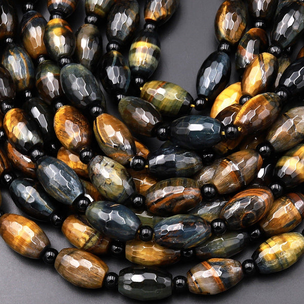 Natural Blue Golden Brown Tiger Eye Faceted Tube Cylinder Barrel Beads 15.5" Strand
