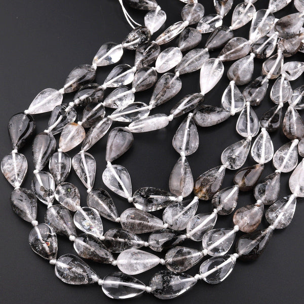Rare Natural Black Brookite Phantom Quartz Teardrop Beads Vertically Drilled Gemstone 15.5" Strand