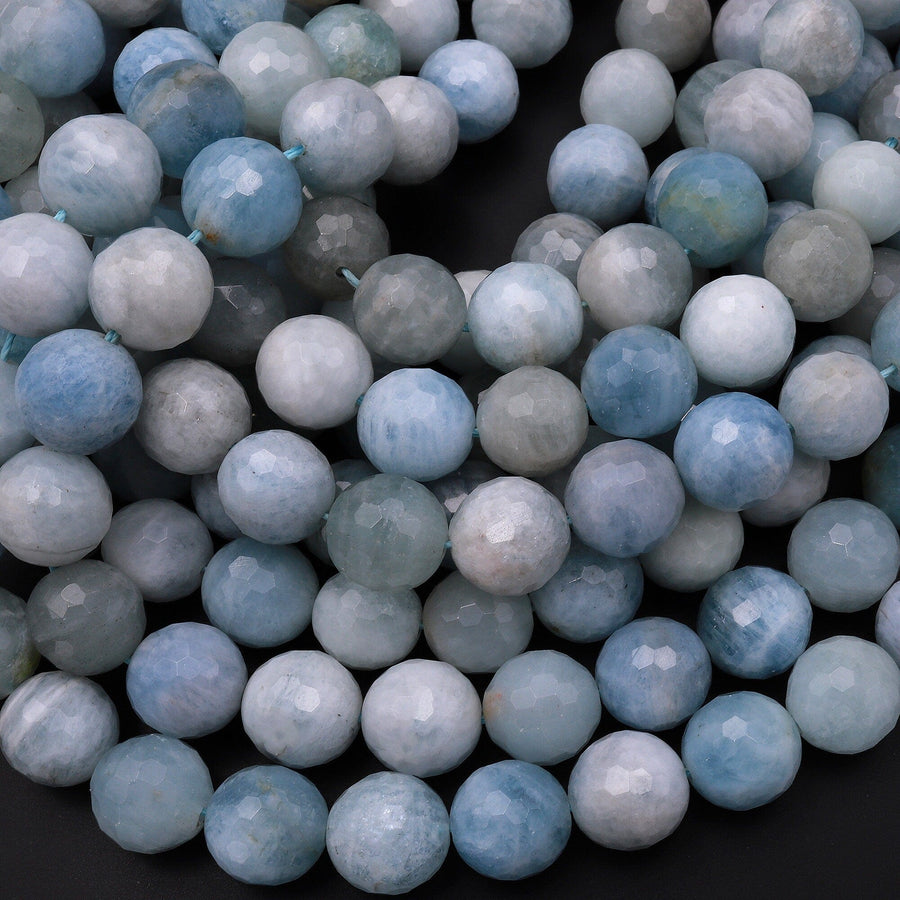 Natural Blue Aquamarine Beads Faceted 12mm Round Gemstone 15.5" Strand