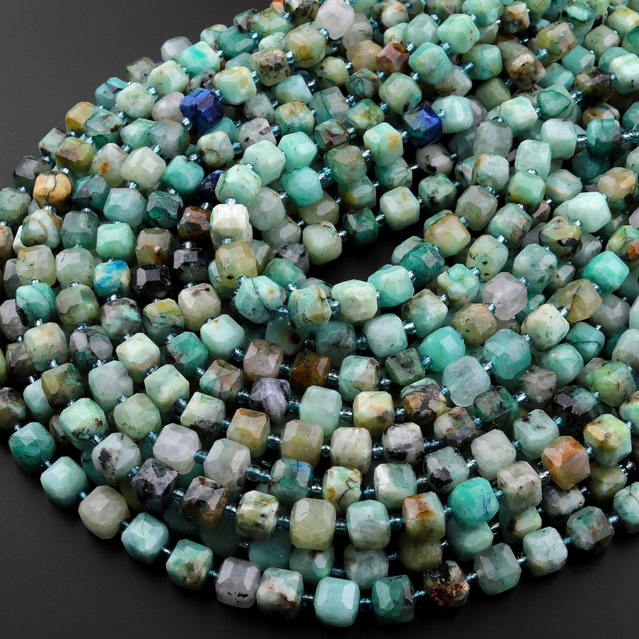 Rare Natural Chrysocolla Azurite 6mm 8mm Faceted Cube Beads 15.5" Strand