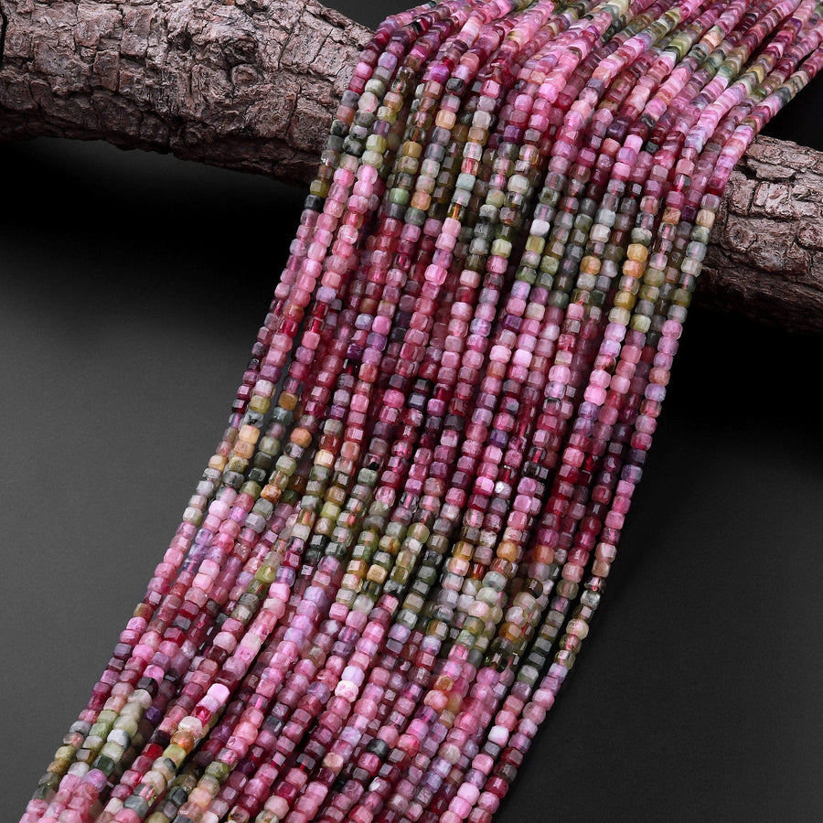 AAA Natural Multicolor Pink Green Tourmaline Faceted 3mm Cube Square Dice Beads Gemstone 15.5" Strand