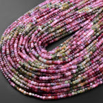 AAA Natural Multicolor Pink Green Tourmaline Faceted 3mm Cube Square Dice Beads Gemstone 15.5" Strand