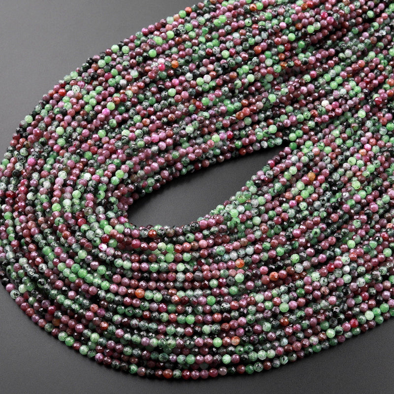 Micro Faceted Small Natural Red Ruby Green Zoisite 2mm Faceted Round Beads Laser Diamond Cut Gemstone 15.5" Strand