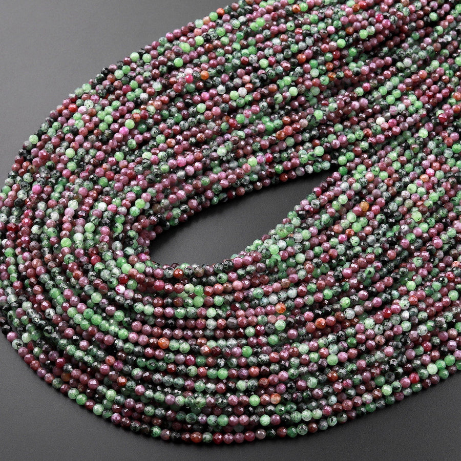 Micro Faceted Small Natural Red Ruby Green Zoisite 2mm Faceted Round Beads Laser Diamond Cut Gemstone 15.5" Strand