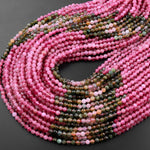Micro Faceted Natural Multicolor Tourmaline Round Beads 3mm 4mm Pink Translucent Green Golden Yellow Gradient Shades 15.5" Strand