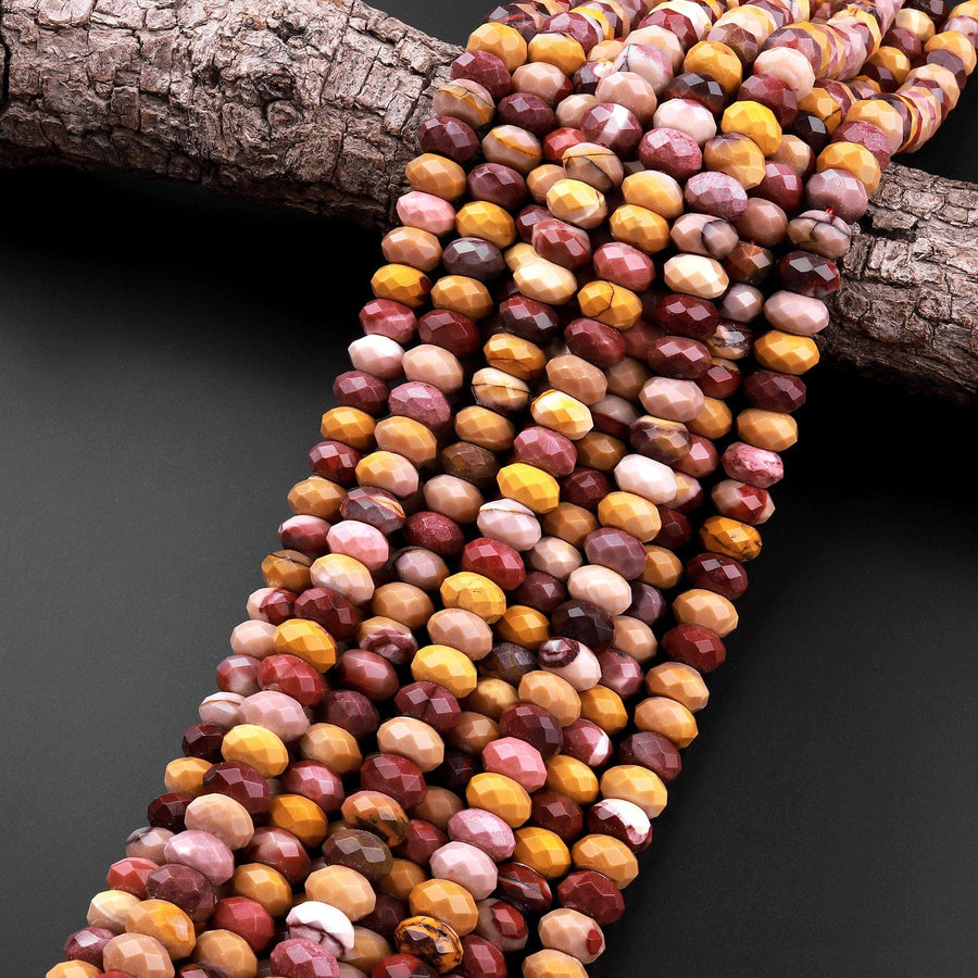 Large Australian Mookaite 10mm Faceted Rondelle Beads Sunset Color Red Yellow Maroon 15.5" Strand