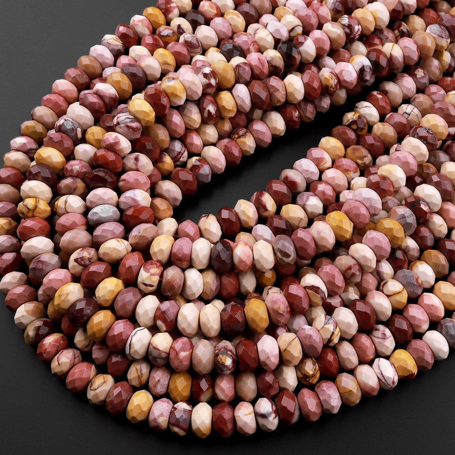 Large Australian Mookaite 10mm Faceted Rondelle Beads Sunset Color Red Yellow Pink Maroon 15.5" Strand