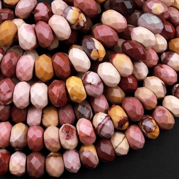 Large Australian Mookaite 10mm Faceted Rondelle Beads Sunset Color Red Yellow Pink Maroon 15.5" Strand
