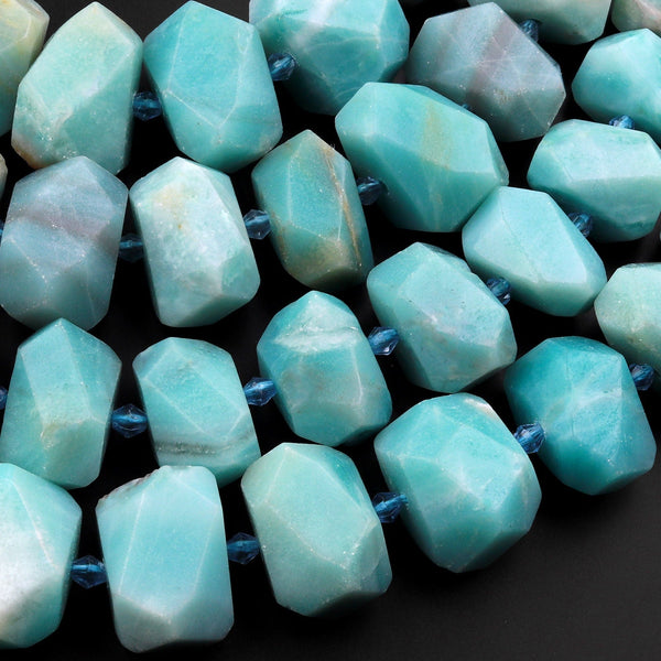 Large Faceted Blue Amazonite Beads Center Drilled Chunky Rectangle Nuggets 15.5" Strand