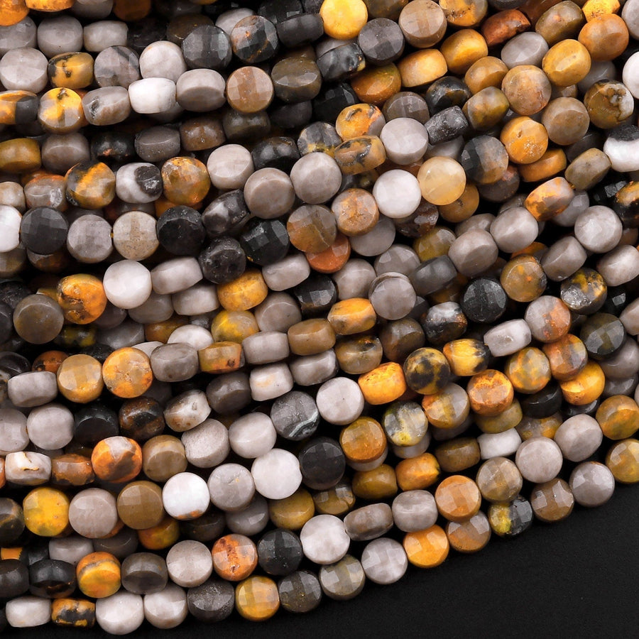 Faceted Natural Bumble Bee Jasper 4mm Coin Beads Micro Diamond Cut Gemstone 15.5" Strand