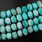 Large Faceted Peruvian Amazonite Beads Center Drilled Chunky Rectangle Nuggets 15.5" Strand