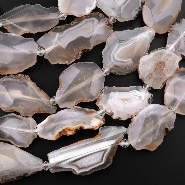 Rare Natural Condor Agate Beads Large Gray White Faceted Slice Slab Focal Pendant Freeform Irregular Geode Shape 15.5" Strand