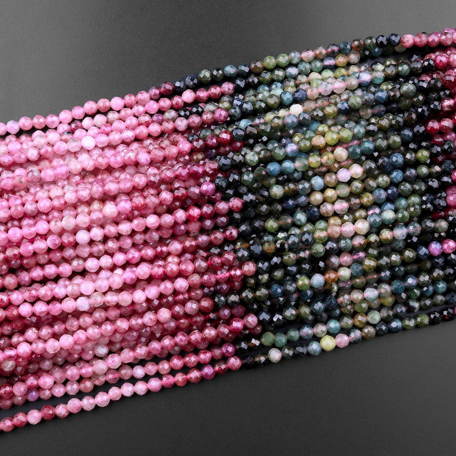 Micro Faceted Natural Multicolor Tourmaline Round Beads 3mm 4mm Translucent Pink Blue Green Gradient Shades 15.5" Strand