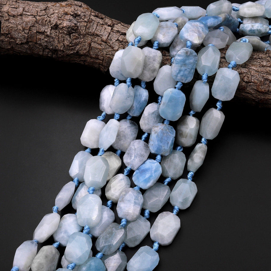 Natural Aquamarine Beads Faceted Rectangle Cushion 18mm 15.5" Strand