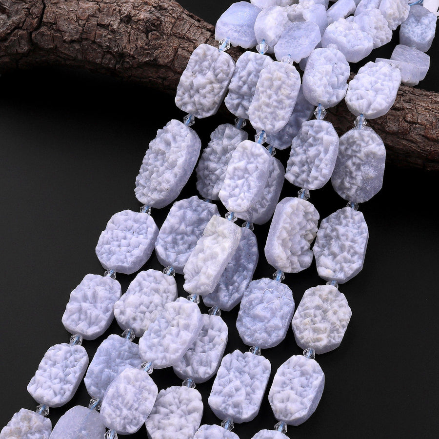 Rare Natural Blue Chalcedony Druzy Drusy Beads Hand Cut Rounded Rectangle Sparkling Crystals 15.5" Full Strand