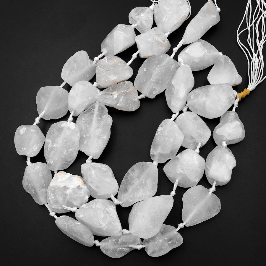 Large Matte Raw Rock Crystal Quartz Beads Smooth Nuggets 15.5" Strand