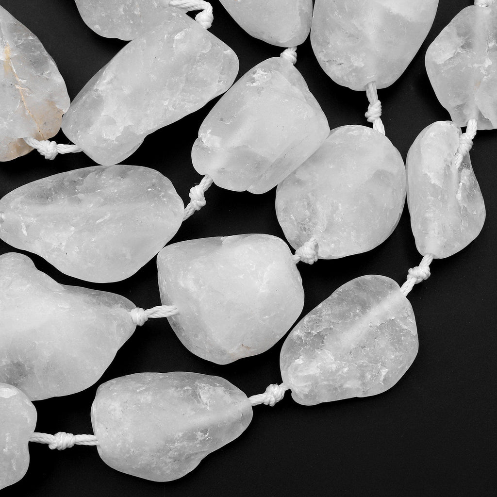 Large Matte Raw Rock Crystal Quartz Beads Smooth Nuggets 15.5" Strand