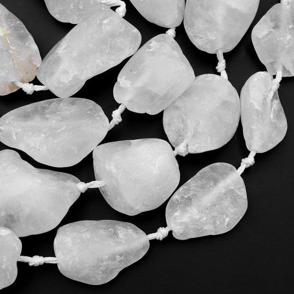 Large Matte Raw Rock Crystal Quartz Beads Smooth Nuggets 15.5" Strand