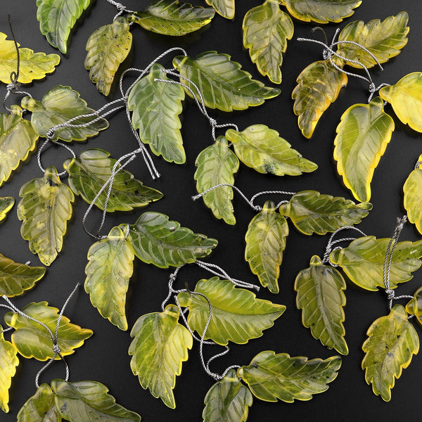 Hand Carved Natural Olive Green Jade Leaf Earring Pair Drilled Gemstone Matched Beads
