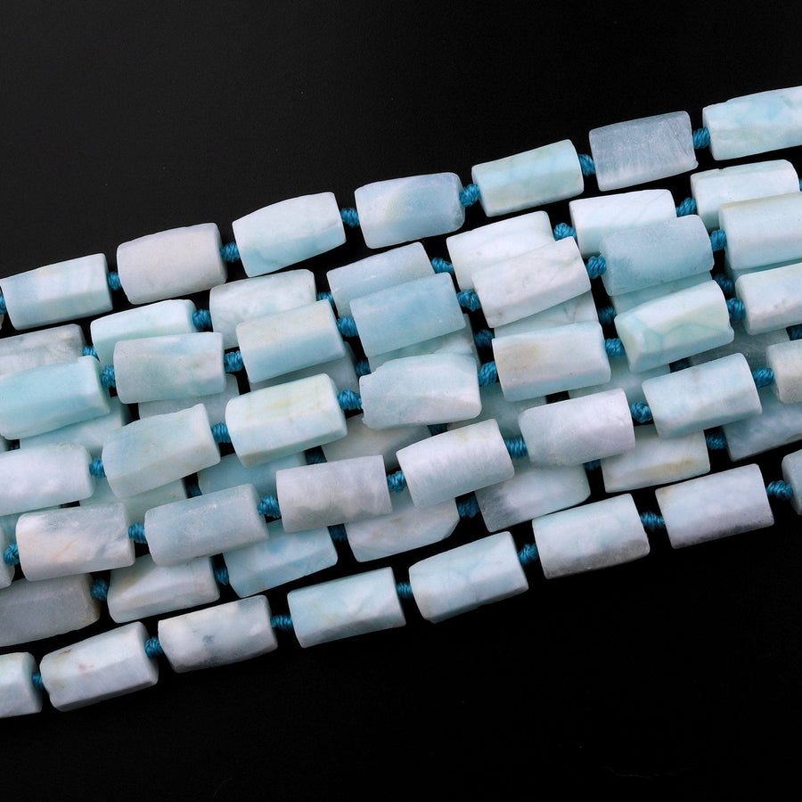 Matte Natural Blue Hemimorphite Tube Faceted Rectangle Cylinder Beads Baby Pastel Blue Gemstone 15.5" Strand