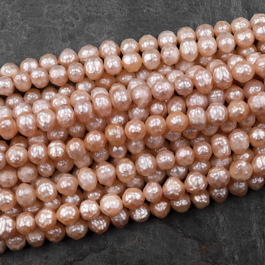 Faceted Genuine Natural Freshwater Golden Peach Apricot Round Pearls 16" Strand