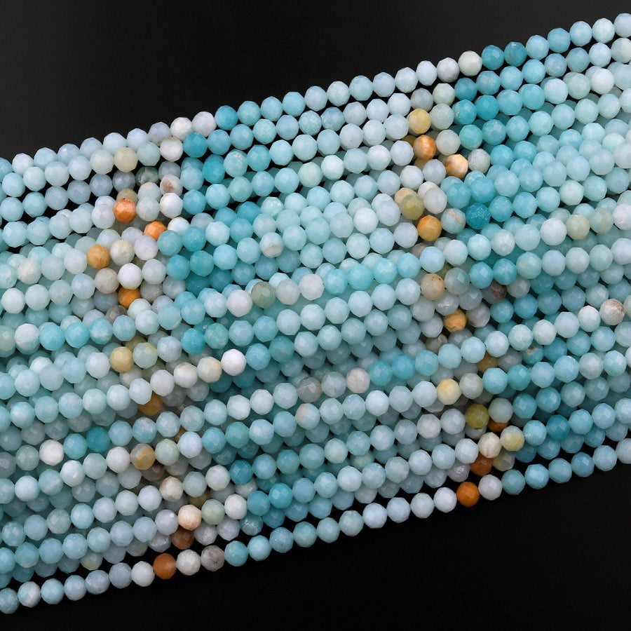 Brazilian Amazonite 4mm 5mm Faceted Round Beads Multi Shaded Natural Sea Blue Yellow Gemstone Micro Diamond Cut 15.5" Strand